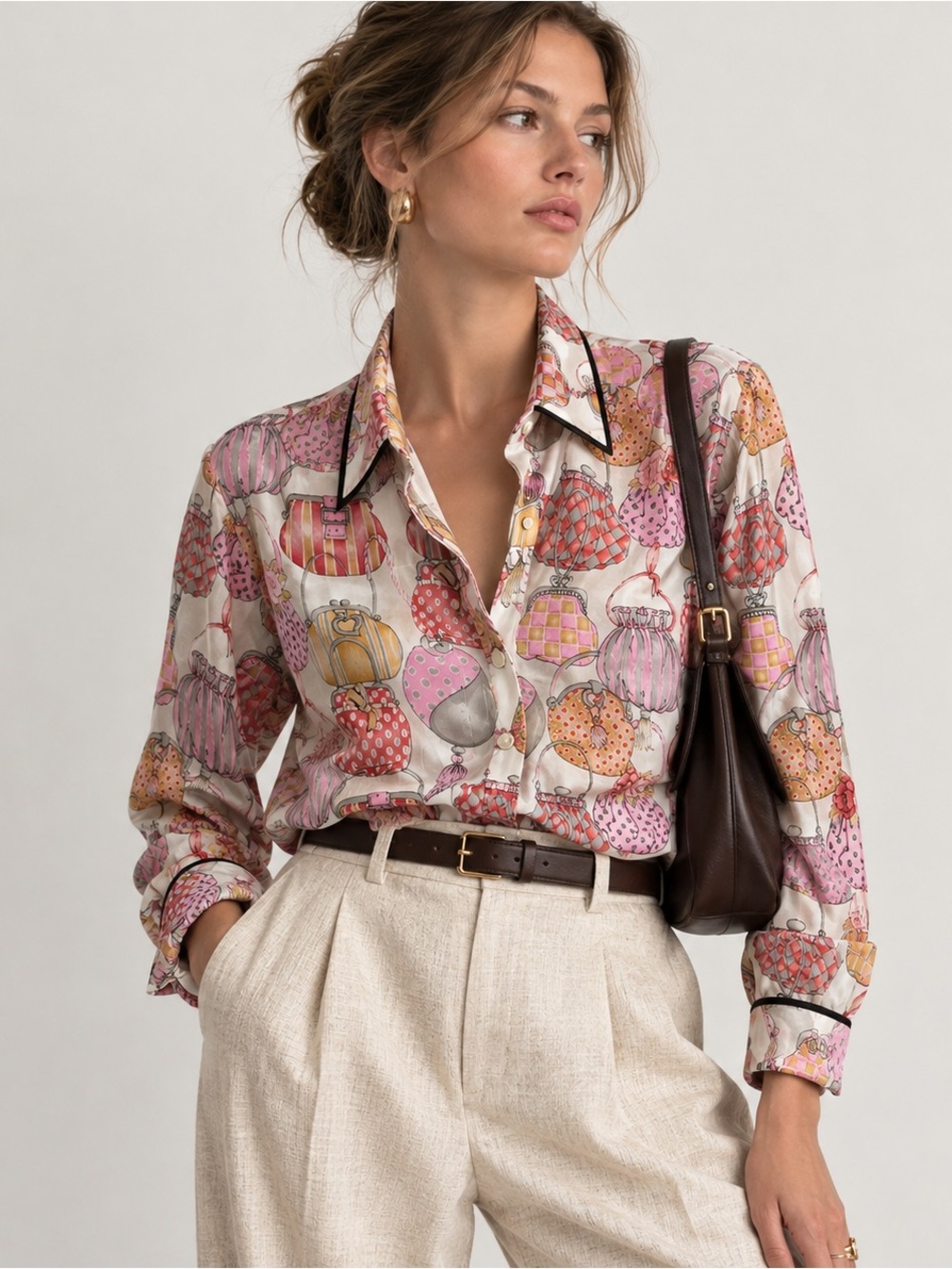 VTG Novelty Print Silk Button Down Shirt S Purses Twee Parisian Old Money Preppy